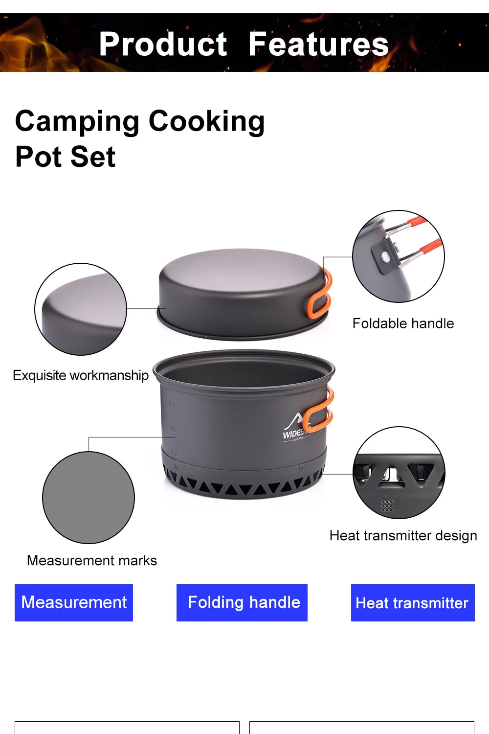 Widesea Camping Cookware Set – 1.3L & 2.3L Pots with Kettle for Outdoor Cooking